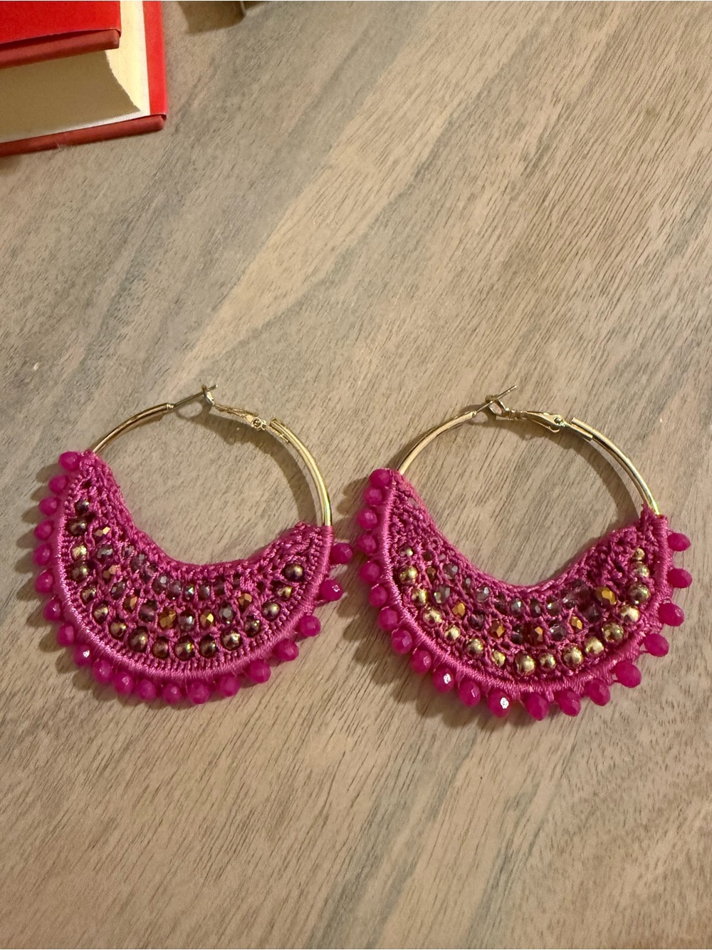 Lilly Pulitzer Hot Pink Crochet Gold Hoop Earrings
